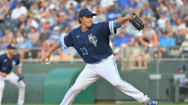 Jun 24, 2022; Kansas City, Missouri, USA; Kansas City Royals starting pitcher Zack Greinke (23) delivers a pitch during the first inning against the Oakland Athletics at Kauffman Stadium. Mandatory Credit: Peter Aiken-USA TODAY Sports